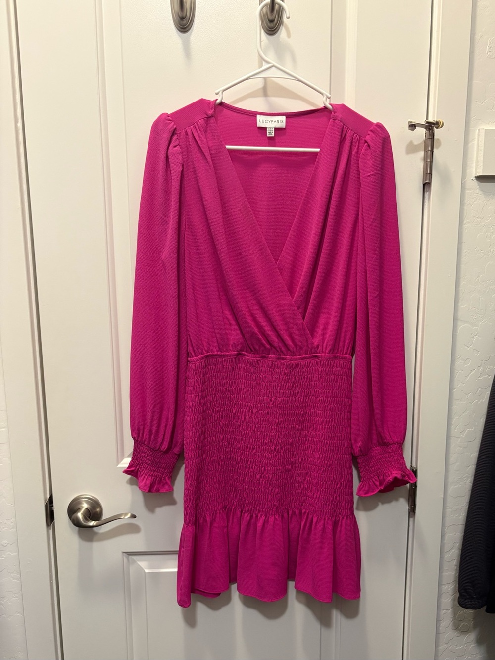 Lucy Paris Hot Pink Long Sleeve Smocked Waist Dress